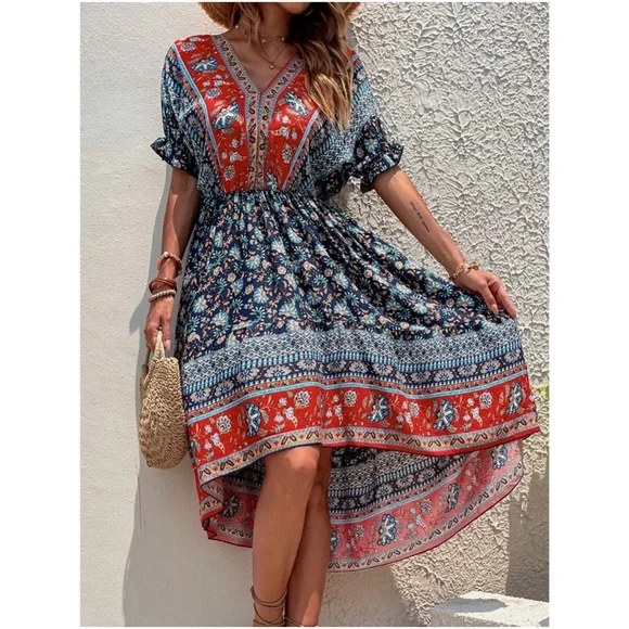 Boho Floral Paisley Print High Low Midi Dress - Picture 3 of 5